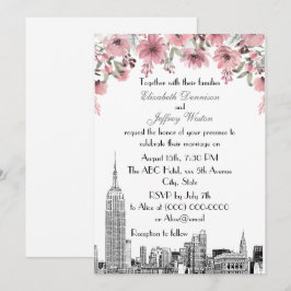 NYC Skyline ESB Etsning Rosa Blommig Bröllop Inbjudningar