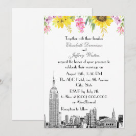 NYC Skyline ESB Etsning Solros Rosa Blomma Bröllop Inbjudningar