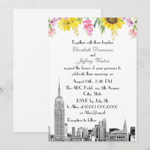 NYC Skyline ESB Etsning Solros Rosa Blomma Bröllop Inbjudningar