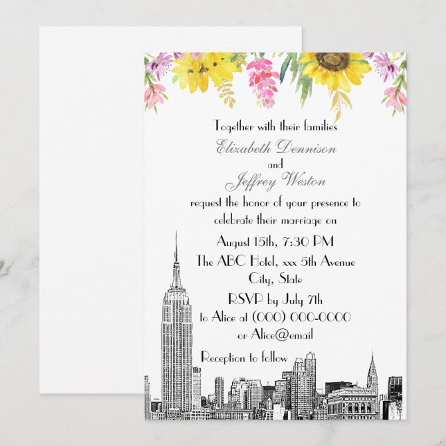 NYC Skyline ESB Etsning Solros Rosa Blomma Bröllop Inbjudningar (Fram/baksida)