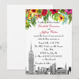 NYC Skyline ESB Etsning Tropisk Blommig Bröllop Inbjudningar