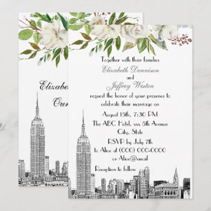 NYC Skyline ESB Vit Blommig Akvarell Bröllop Inbjudningar