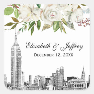 NYC Skyline ESB White Blommigt Watercolor Bröllop Fyrkantigt Klistermärke