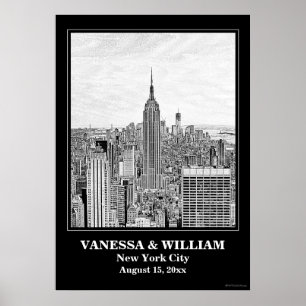 NYC Skyline ESB WTC Etch BW Bröllop Poster
