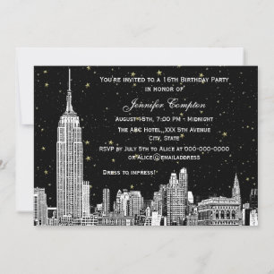 NYC Skyline Etch Starry DIY BG Färg SQ Sweet 16 H Inbjudningar