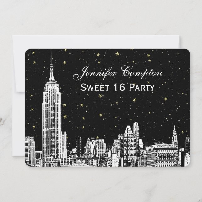 NYC Skyline Etch Starry DIY BG Färg SQ Sweet 16 H Inbjudningar (Framsida)