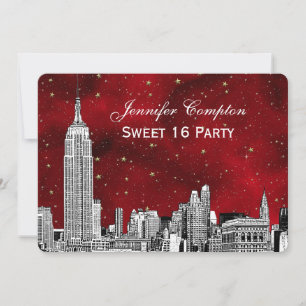NYC Skyline Etch Starry Red BG SQ Sweet 16 H Inbjudningar