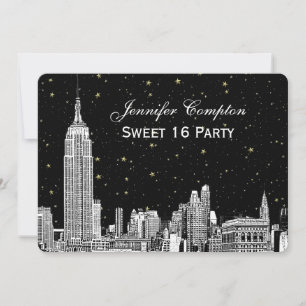 NYC Skyline Etch Stjärna DIY BG Färg SQ Sweet 16 H Inbjudningar