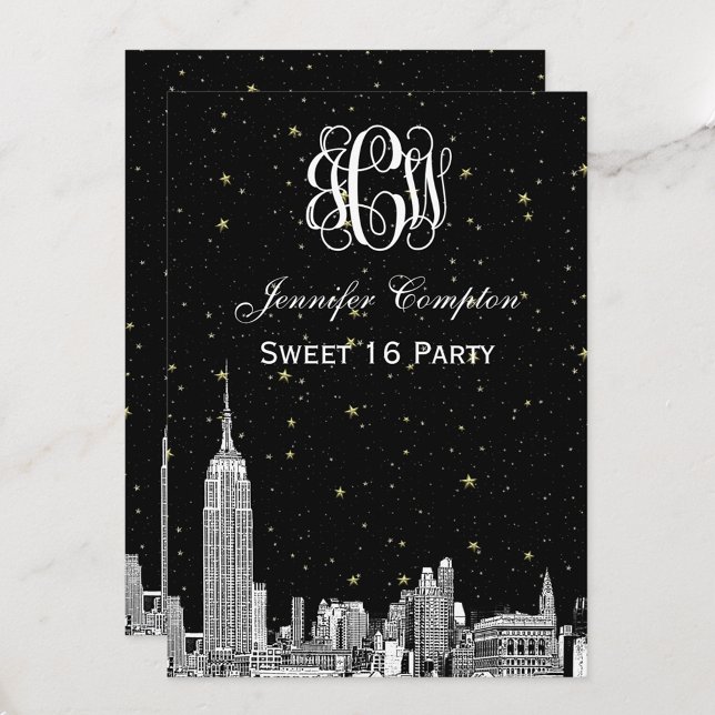 NYC Skyline Etchd Starry Vine Font DIY BG Sweet 16 Inbjudningar (Skapare uppladdad)