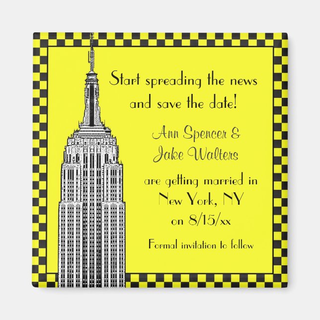 NYC Skyline Etched ESB Checkerd Taxi Spara datum Magnet (Framsidan)