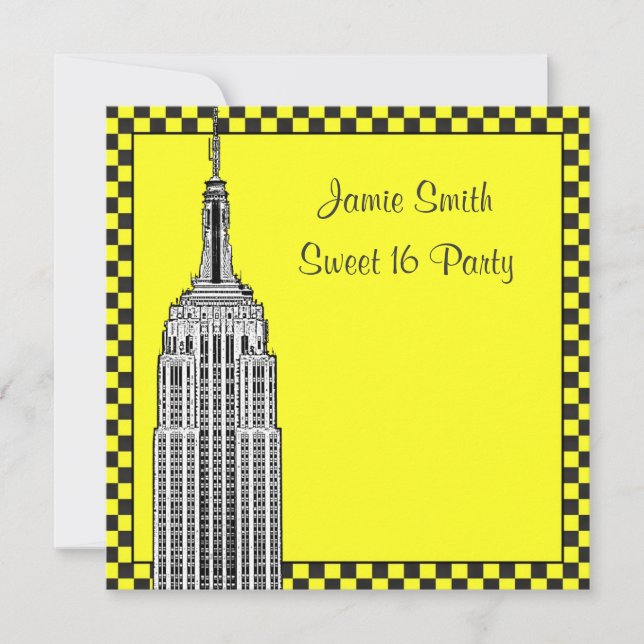 NYC Skyline Etched ESB Checkered Taxi 2 Sweet 16 Inbjudningar (Framsida)