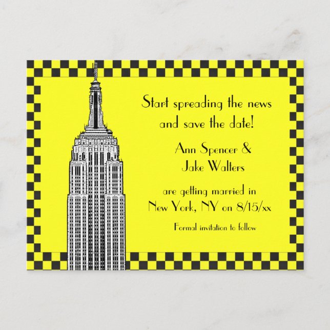 NYC Skyline Etched ESB Checkrd Taxi Spara Date Meddelande Vykort (Framsida)
