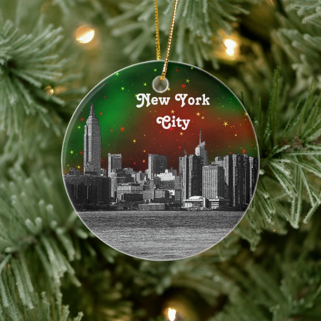 NYC Skyline Etched ESB Red and Grönt Starry Julaft Julgransprydnad Keramik (Träd)