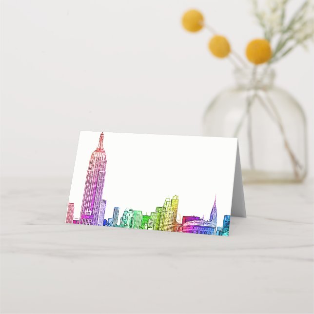 NYC Skyline Etched look Rainbow Escort Card Placeringskort (Framsida)