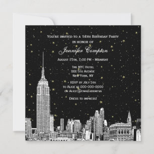 NYC Skyline Etched Starry DIY BG Color SQ Sweet 16 Inbjudningar