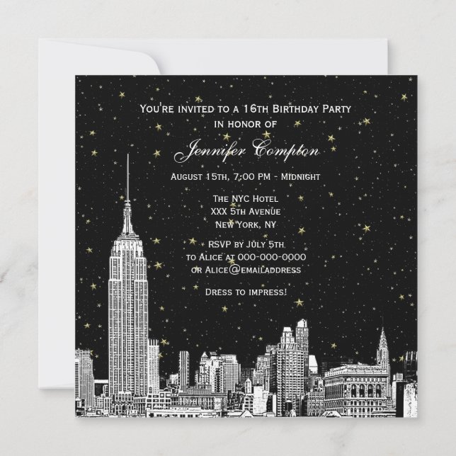 NYC Skyline Etched Starry DIY BG Färg SQ Sweet 16 Inbjudningar (Baksida)