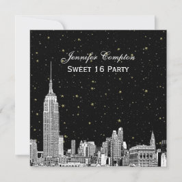 NYC Skyline Etched Starry DIY BG Färg SQ Sweet 16 Inbjudningar