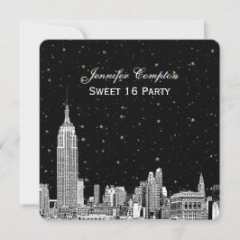 NYC Skyline Etched Starry DIY BG Färg SQ Sweet 16 Inbjudningar
