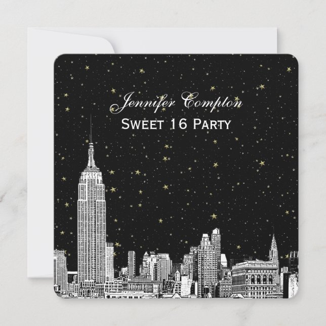 NYC Skyline Etched Starry DIY BG Färg SQ Sweet 16 Inbjudningar (Framsida)