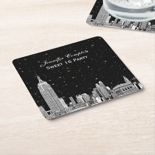 NYC Skyline Etched Starry DIY BG Färg SQ Underlägg (Vinklad)