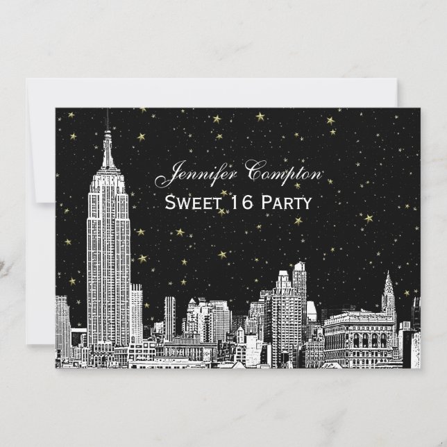 NYC Skyline Etched Starry DIY BG Färg Sweet 16 Inbjudningar (Framsida)