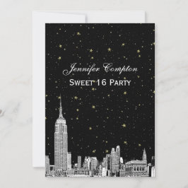 NYC Skyline Etched Starry DIY BG Färg Sweet 16 Inbjudningar