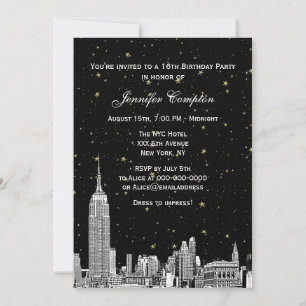 NYC Skyline Etched Starry DIY BG Färg Sweet 16 Inbjudningar