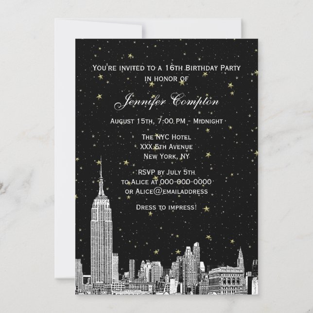 NYC Skyline Etched Starry DIY BG Färg Sweet 16 Inbjudningar (Baksida)