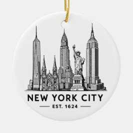 NYC Skyline Illustration with Statue of Liberty Julgransprydnad Keramik