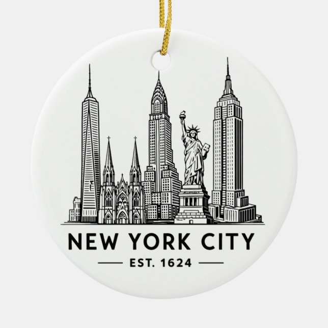 NYC Skyline Illustration with Statue of Liberty Julgransprydnad Keramik (Framsidan)