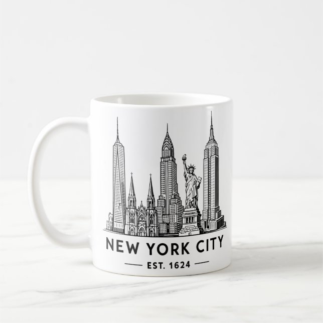 NYC Skyline Illustration with Statue of Liberty Kaffemugg (Vänster)