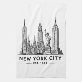 NYC Skyline Illustration with Statue of Liberty Kökshandduk