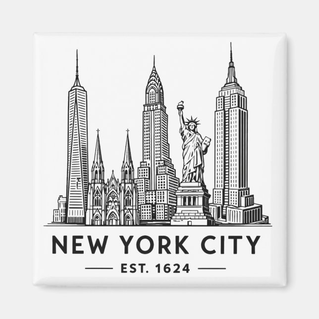 NYC Skyline Illustration with Statue of Liberty Magnet (Framsidan)