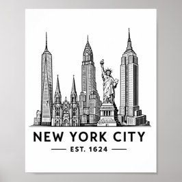 NYC Skyline Illustration with Statue of Liberty Poster