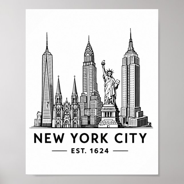 NYC Skyline Illustration with Statue of Liberty Poster (Framsidan)