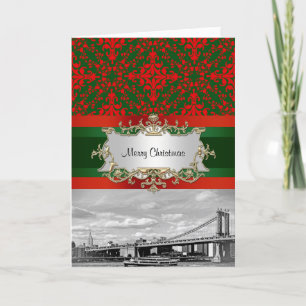 NYC Skyline Manhattan Bridge Damask Julafton Helgkort
