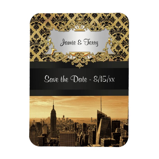 NYC Skyline Sepia B5 Blk Rib Damask Spara datum Magnet (Vertikal)