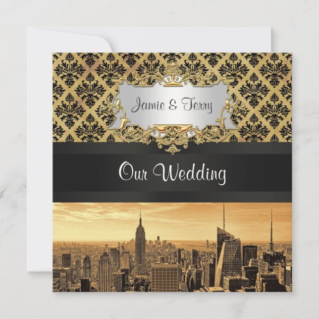 NYC Skyline Sepia B5 Blk Rib Damask Wedding Inbjud Inbjudningar (Framsida)