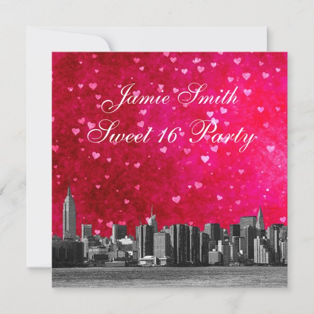 NYC Skyline Shock rosa Red Heart Sweet 16 Inbjudningar (Framsida)