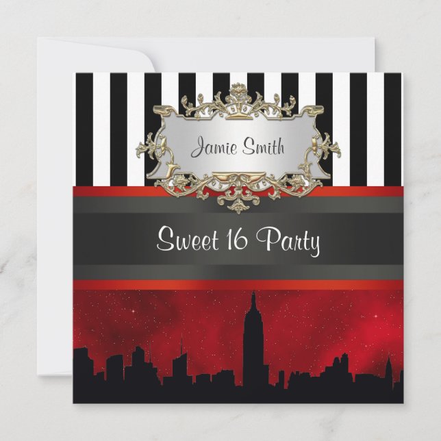 NYC Skyline Sil Red Himlar Blk Wht Rand Sweet 16 Inbjudningar (Framsida)
