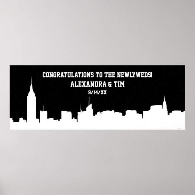 NYC Skyline Silhouette Bröllopsfest Banner Wht Poster (Framsidan)