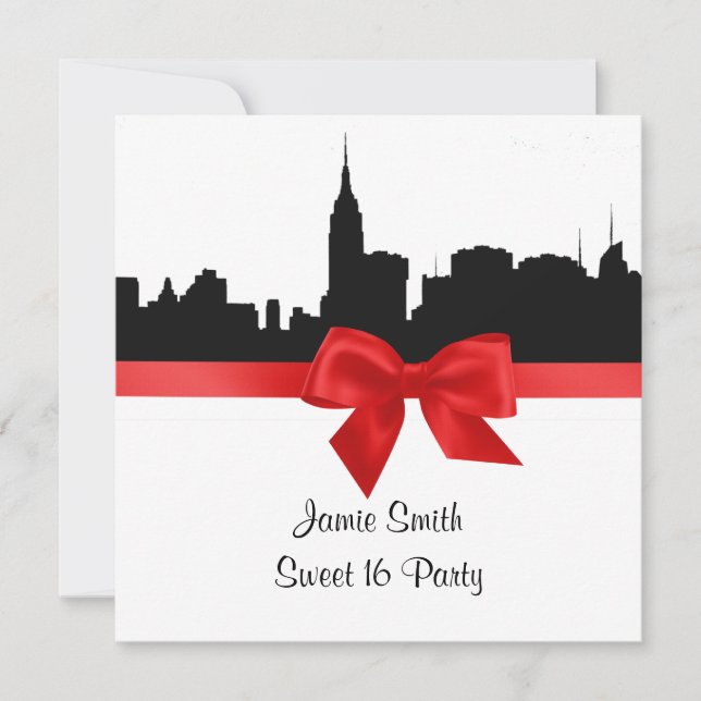 NYC Skyline Silhouette BW Red Sweet 16 SQ Inbjudningar (Framsida)