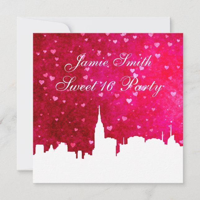 NYC Skyline Silhouette Ht Rosa Red Heart Sweet 16 Inbjudningar (Framsida)