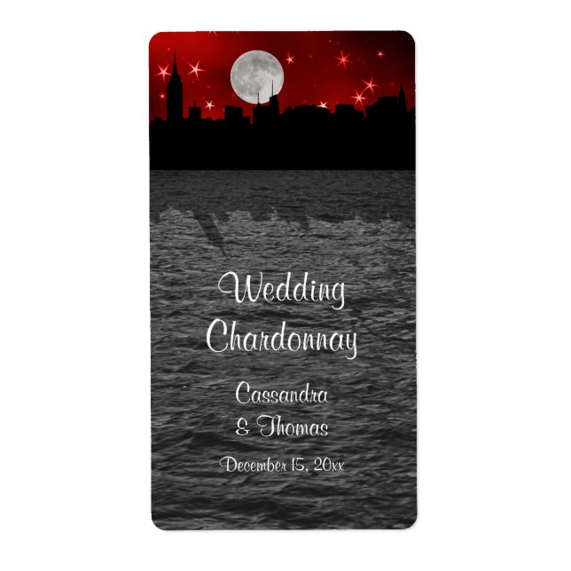 NYC Skyline Silhouette Måne Red Vin etikett Fraktsedel (Framsidan)