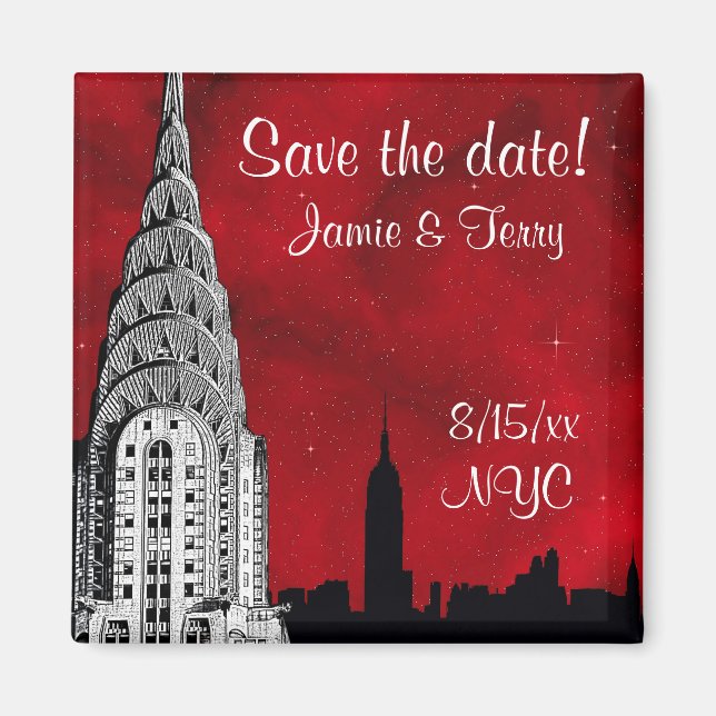 NYC Skyline Silhouette Red Star Spara Date Magnet  (Framsidan)