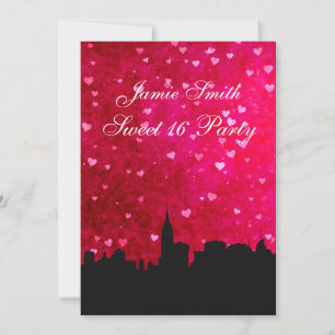 NYC Skyline Siluett Hot Pink Röd Hjärta Sweet 16 V Inbjudningar