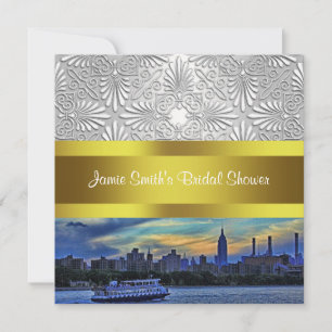 NYC Solnedgång Skyline ESB Vit Damask Bröllopsdusc Inbjudningar