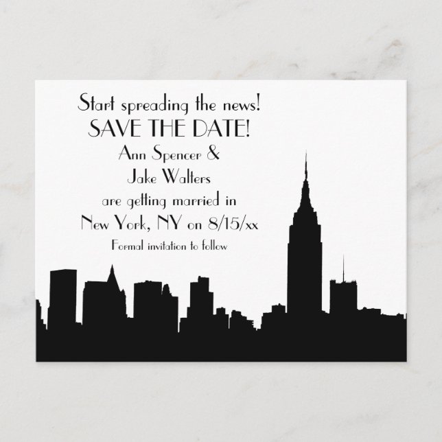NYC Svart Silhuett Spara datum Meddelande Vykort (Framsida)