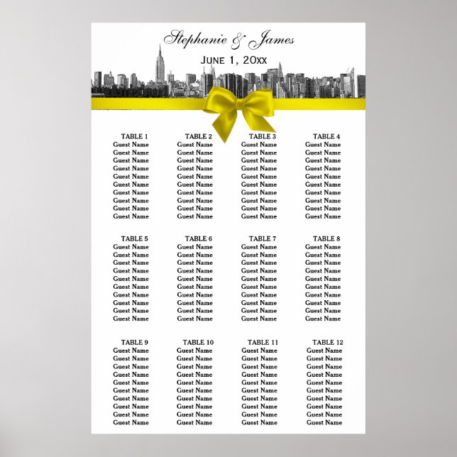 NYC Wide Skyline Etch BW Gult Bow Sittdiagram Poster (Framsidan)
