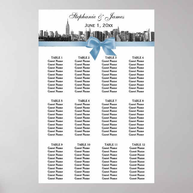 NYC Wide Skyline Etch BW LT Blue Bow Sittdiagram Poster (Framsidan)